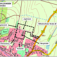 Übersichtslageplan mit Geltungsbereich (schwarz gestrichelt) des Bebauungsplan Nr. 1 Wohngebiet „Hutweide / Jagdrasen“ – Stadt Bad Salzungen (Kartengrundlage: WEBAtlasDE ©; Quelle: „Geoproxy Thüringen“; ohne Maßstab)